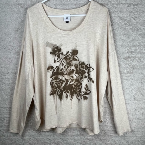 Cabi Airbrush Floral Rose Top Large Oversized Very Soft Stretchy Long Sleeve - Picture 1 of 15